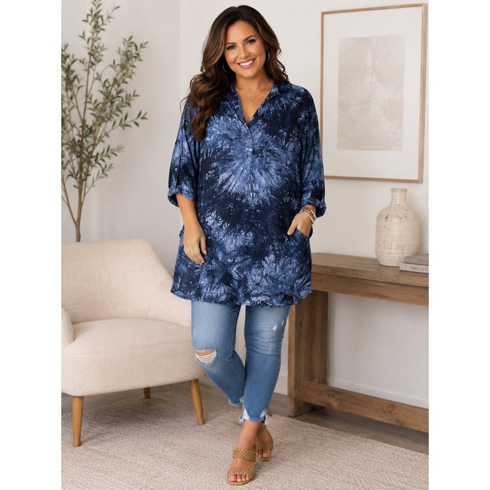 Umgee Blue Tie Dye Linen Blend Tunic Top Pockets Roll Tab Sleeve A5330 Womens M